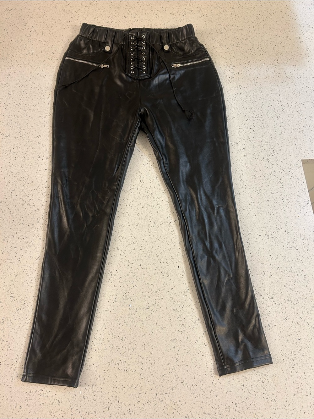 Akira Chicago Women's Black Faux Leather Lace-Up Jogger Jeans